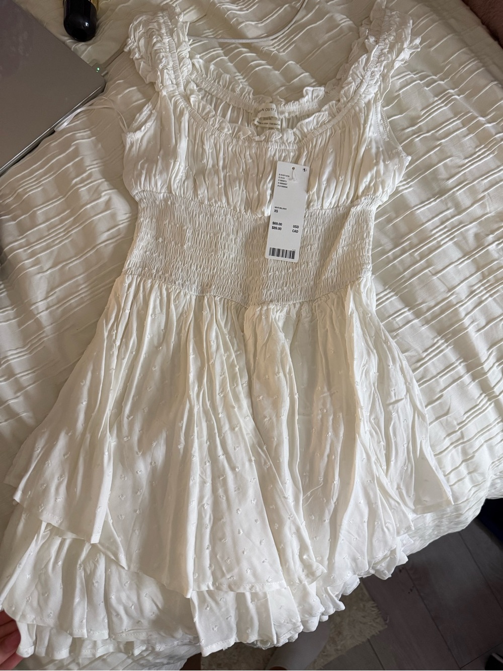 Urban Outfitters White Mini Smocked Tiered Dress